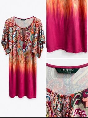 LAUREN Ralph Lauren Fuchsia Multicolor Paisley Ombre Tie-Front Tunic
